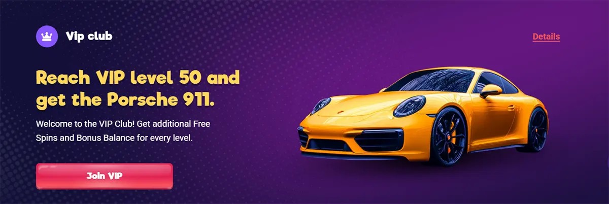 A VIP club banner advertising VIP Level 50 with a Porsche 911 reward, plus free spins and bonus balance for each level, featuring a yellow sports car and a “Join VIP” button.
