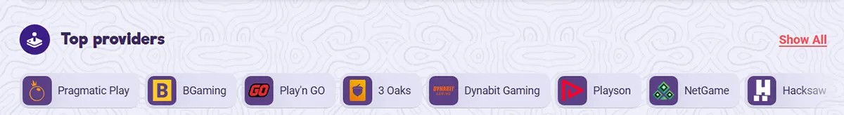 A “Top providers” strip showing game studios: Pragmatic Play, BGaming, Play’n GO, 3 Oaks, Dynabit Gaming, Playson, NetGame, and Hacksaw, with a “Show All” link on the right.