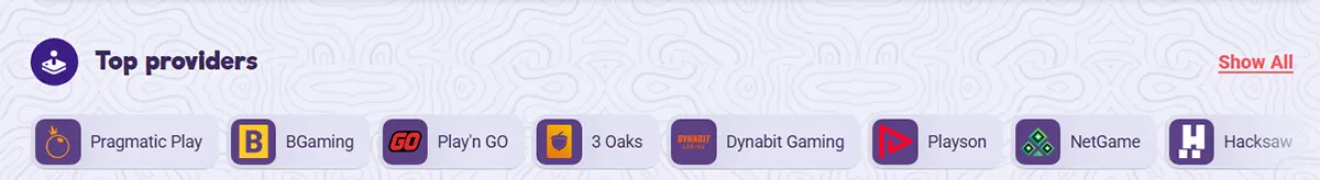 A “Top providers” strip showing game studios: Pragmatic Play, BGaming, Play’n GO, 3 Oaks, Dynabit Gaming, Playson, NetGame, and Hacksaw, with a “Show All” link on the right.