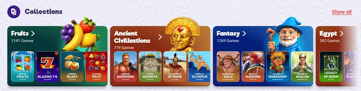A “Collections” section with themed game groups:  Fruits (1141 games)  Ancient Civilizations (719 games)  Fantasy (1269 games)  Egypt (382 games)  Each tile shows example slots and a “Show all” link to browse the full collection.