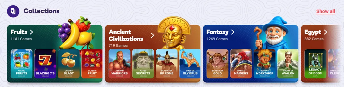 A “Collections” section with themed game groups:  Fruits (1141 games)  Ancient Civilizations (719 games)  Fantasy (1269 games)  Egypt (382 games)  Each tile shows example slots and a “Show all” link to browse the full collection.