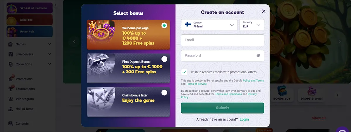 A signup popup with two parts:  Left: bonus choice  Welcome package — 100% up to €400 + 1200 free spins  First deposit bonus — 100% up to €1000 + 300 free spins  Or claim later  Right: account form Country (Finland), currency (EUR), email, password, promo opt-in, and a Submit button.