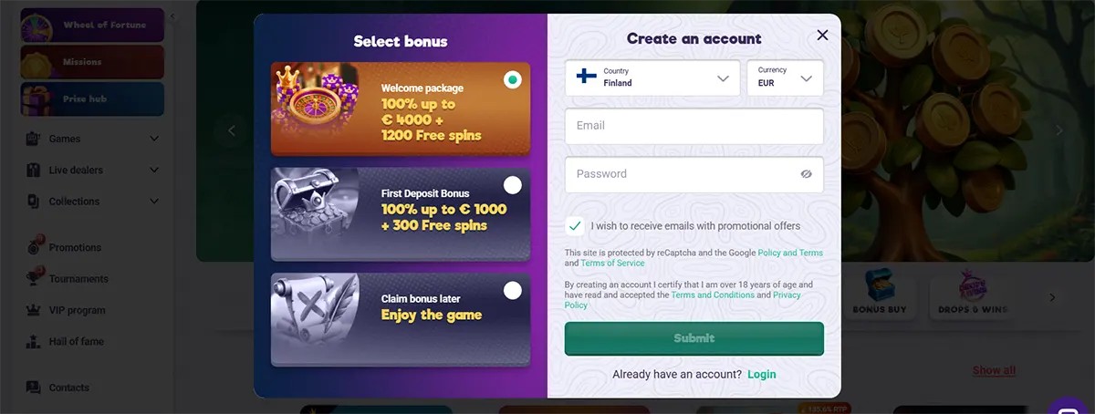 A signup popup with two parts:  Left: bonus choice  Welcome package — 100% up to €400 + 1200 free spins  First deposit bonus — 100% up to €1000 + 300 free spins  Or claim later  Right: account form Country (Finland), currency (EUR), email, password, promo opt-in, and a Submit button.
